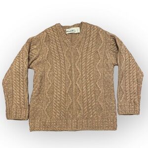 Aran Crafts 100% Wool Fisherman Knit V Neck Sweater Ireland Retro Grandpa Brown